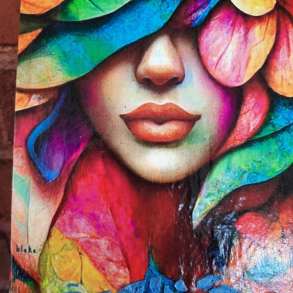 A colorful women in a field of flowers, wall hanging wood art mixmedia - Picture 4 of 9